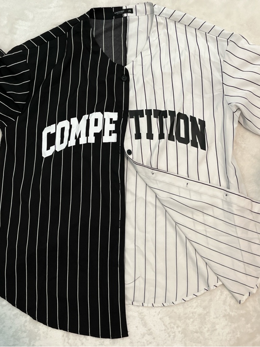 SHEIN Black & White Pinstripe 'COMPETITION' Baseball Jersey
